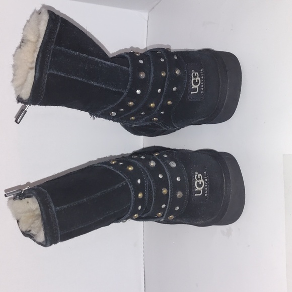 UGG Black Ankle Boots with Slouchy Cuff and Studded Details - Picture 4 of 8